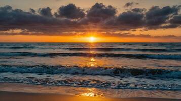 Golden sunset bathes the tranquil ocean waves and beach in warm light at dusk. photo