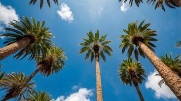 Looking up through a canopy of palm trees reaching for the clear, blue, and sunny sky. photo