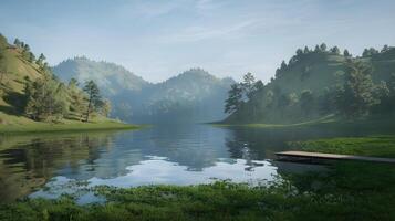 The serene lake reflects the clear sky and surrounding green hills on a calm, bright day. photo