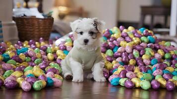 A small, white puppy sits contentedly amongst a vibrant assortment of chocolate Easter eggs. photo