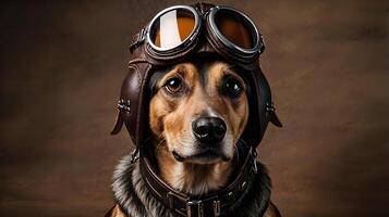 A serious dog is ready for take off, wearing vintage aviator goggles and leather hat. photo