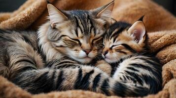 A sweet tabby cat embraces its tiny kitten as they both peacefully sleep together on a fluffy blanket. photo