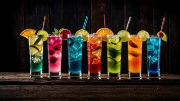 An array of colorful and refreshing cocktails with fruit garnishes, perfect for a summertime celebration. photo