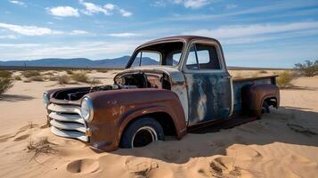 An old, rusty pickup truck sits marooned in the sandy dunes of the desolate desert landscape. photo