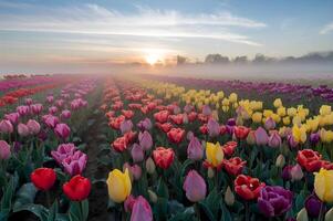 A colorful tulip field at sunrise creates a breathtaking vista of spring's beauty. photo