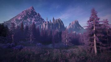 A magical castle nestled among mountains with illuminated peaks and a mystical purple forest under the stars. photo