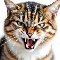 Angry Tabby Cat Showing Fangs Close-up photo