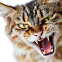 Ferocious Tabby Cat with Open Jaw, Close-up photo
