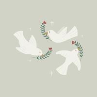 Happy Easter graphic. Easter Design Element with three cute white doves. symbol of peace vector