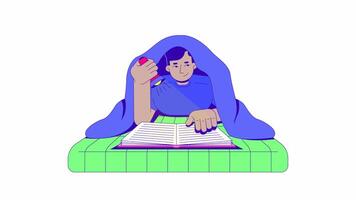 Reading book under blanket with flashlight cartoon animation. Study homework nostalgia. Bedtime stories. Bookworm lifestyle animated flat 2D character 4K isolated on white, scene storytelling video