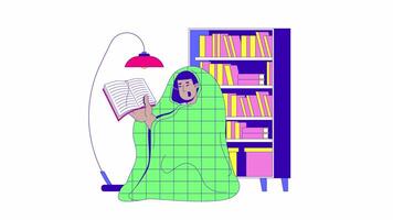 Cozy reading under blanket in home library cartoon animation. Bookworm life. Self care. Warm wrapped latino man holding book animated flat 2D character 4K isolated on white, scene storytelling video