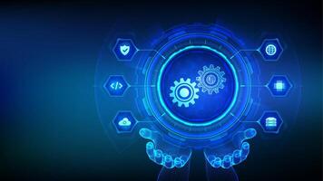 Digital twin business and industrial process modelling technology concept on virtual screen. Innovation and optimisation. Digital twin icon in wireframe hands. illustration. vector
