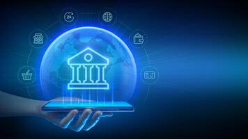 Banking service. Online banking app on a smartphone. Global internet connection for finance and banking. Financial transactions in online banking. Fintech API. World map and globe. illustration vector