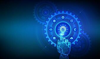 Innovation. Business innovative idea and solution technology concept. Creative Idea. Brainstorming. Creative Thinking. Hand touching digital interface with connected gears cogs and icons. vector