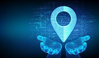 Point of location icon made with binary code in wireframe hands. Pointer of map. Gps pointer. Navigation pin point global position system symbol. Digital background with digits 1 0 Illustration vector