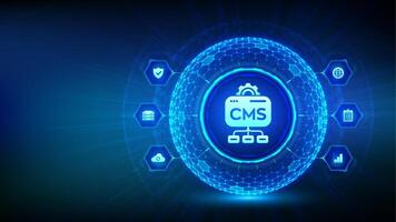 CMS. Content Management System concept. Website and document management, web development, and digital solutions. Data integration. 3D sphere with a hexagonal surface and CMS icon. illustration. vector