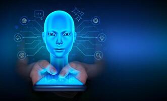 AI chatbot, artificial intelligence assistant concept. Smart virtual assistant application on a smartphone. User interacting with an AI-powered chatbot. Cyborg woman head hologram. illustration vector