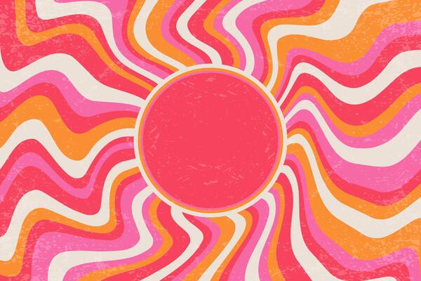 Retro background with sun and spiral rays. 70s swirl abstract sunburst summer poster with grainy texture. Psychedelic radial striped orange and pink wallpaper