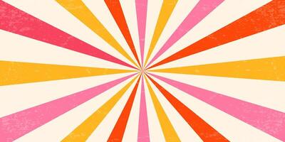 Retro pattern background. Swirl groovy pink and orange rays. Psychedelic radial burst with grunge texture. 70s starburst hypnotic illustration. Vintage circular colorful bg. vector
