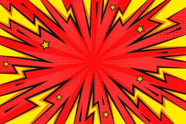 Lightning power cartoon background. Thunder bold abstract burst with halftone effect and speed lines. Comic book design template for poster. Explosion boom bright illustration