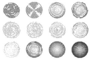 Bitmap pixel effect circles set. Circular Y2k rounds with textured halftone pattern. Graffiti dither gradient shapes on white background. Aesthetic monochrome gradation elements vector