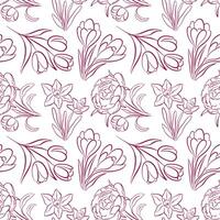 Seamless pattern with spring flower tulip, peony, daffodil and crocus in line art style. Hand drawn floral design for fabric print and nature background. vector