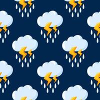 Stormy weather seamless pattern with rain cloud, lightning bolt and dark background in cartoon style. Design for nursery, forecasts, wallpaper and children print. vector