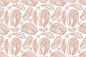 Seamless pattern with Salmon steak and ingredients in line art style on a white background. Tomato, slices of lemon, rosemary, arugula. Red fish design for menu, wallpaper, textile, wrapping. vector