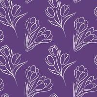 Seamless floral pattern with line art style tulip and crocus with leaves on purple background. Perfect for textile, wallpaper, stationery and spring design. vector