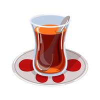 Traditional Turkish tea in a tulip shaped glass with spoon on saucer with red patterns. Ideal for culinary and cultural illustrations, restaurant breakfast menu. isolated on white background. vector