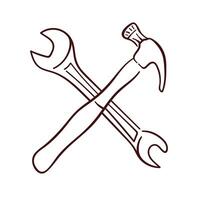 Line art illustration of a crossed hammer and wrench symbolizing tool, repair and construction. Perfect for logo, icon, mechanic, DIY project and engineering related design. vector