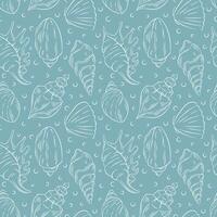 Seamless pattern of line art seashells on blue background. Elegant marine themed hand drawn design perfect for textile, wallpaper, packaging and beach inspired project. vector