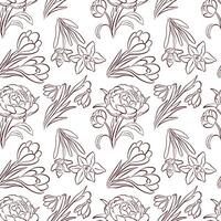 Seamless floral pattern with spring flower tulip, peony, daffodil and crocus in line art style. Hand drawn botanical design, fabric print nature on a white background. vector