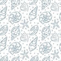 Seamless pattern with oceanic print of seashell in line art style. Hand drawn repeating background with sea creature and shell of different shapes. vector