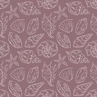 Seamless pattern with line art style seashell on brown background. Perfect for greeting, invitation, manufacture wrapping paper, textile and web design. vector
