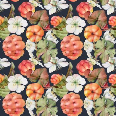 Cloudberry raspberry with white flowers, autumn leaves hand drawn in watercolor, red ripe forest berry on stems. Seamless pattern tile illustration. Restaurant, cafe menu, wedding, farmers market