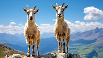 Two goats standing on a rocky mountain peak under a clear blue sky, symbolizing nature and adventure video