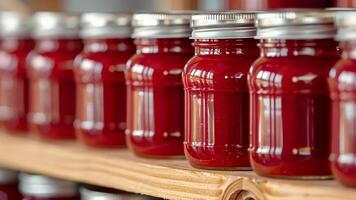 Rows of homemade strawberry jam jars on a wooden shelf, perfect for Christmas or Thanksgiving video