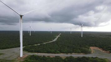 Several wind power towers in operation with a cloudy sky in background video