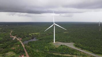 Wind power tower in operation in the middle of the forest video
