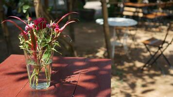 Colorful flowers in a glass vase adorn a wooden table in a serene outdoor setting photo