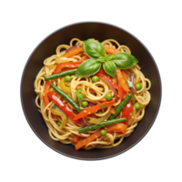 A plate of spaghetti with vegetables and peppers png