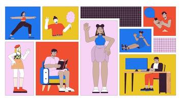 Body positivity and self-acceptance animated bento grid layout. Self love, confidence. Happy curvy people daily life 2D animation flat cartoon ui collage design. 4K motion graphic collection video