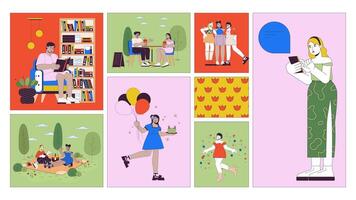 Diverse body positive people engaging in leisure activities animated bento grid layout. Reading, socializing, celebrating, enjoying life 2D animation flat cartoon ui collage. 4K collection video