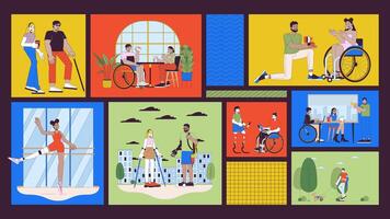 Inclusive and adaptive lifestyle animated bento grid layout. Diverse people with disabilities in daily activities 2D animation flat cartoon ui collage design. 4K motion graphic collection video
