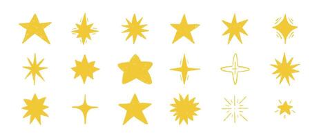 Crayon pencil stars hand drawn set. Chalk twinkle, blink, firework, glitter silhouette and sparkles glowing symbols in sketch style. doodle texture illustration vector