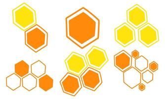 Groups of hexagons in multicolored outlines and symbols. Symbols of honeycomb honey, a stain. Orange, yellow outline and spot. marketing goals, the designation of a product containing honey vector