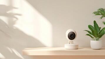 A small white camera sits on a shelf next to a plant photo