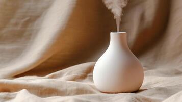 A white vase with a white mist coming out of it photo