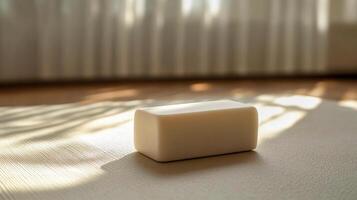 A white square of soap sitting on a table photo